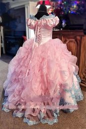 2021 Nouveau Vintage Belle dentelle rose filles Pageant robes pour les mariages épaule volants junior filles robe formelle enfants bal Comm283U