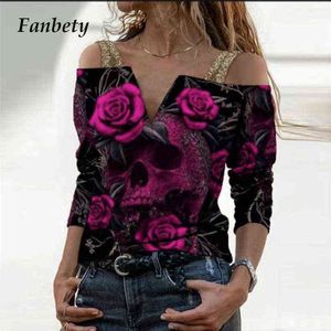 2021 Nieuwe Vintage Print Lange Mouw T-shirts Vrouwen Sexy Sling V-hals Off Shoulder Tops Elegant Rose Pattern Tee Shirt Streetwear X0628