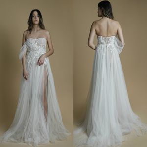 2021 Nouvelles robes de mariée sexy chérie dentelle appliques robes de mariée fendues sur mesure dos ouvert balayage train a-ligne robe de mariée