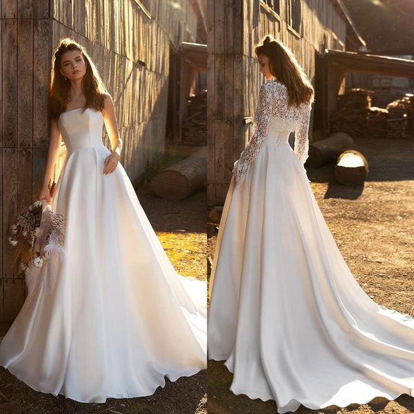 2021 nouvelles robes de mariée avec manches longues veste en satin dentelle 2 Set Pieces Robes de mariée Custom Made balayage train Une ligne de robe de mariée