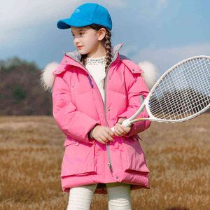 2021 Nieuwe Winter Real Fur Collar Children Down Jackets voor meisjes Warm Jackets 5-12 jaar Outerwear Kids Clothing J220718