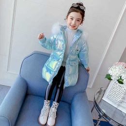 2021 NOUVEAU Hiver Brillant Veste À Capuche Vêtements Chauds Enfants En Fausse Fourrure Coa Enfants Coton Parkas Survêtement Bébé Fille Clothest 3-14 Ans H0910