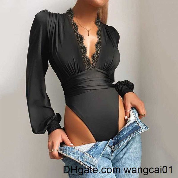 2021 nouveau hiver femmes Sexy dentelle bouffée Seve rouge body Blouse solide col en v noir voir à travers le corps haut Patchwork une pièce costume 4103