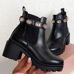 2021 Nieuwe vrouwen enkellaarzen Crystal Rhinestone Slip op Platform PU Lederen Dames Booties Lente Herfst Vrouwtjes Schoenen Plus SI Y0914