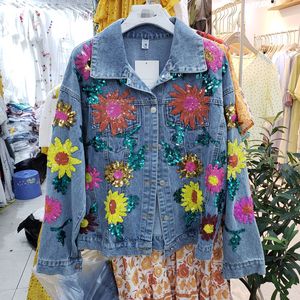 Nouvelles femmes automne mode denim jeans broderie paillette fleurs motif décontracté lâche manteau veste