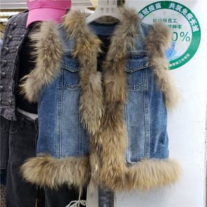 Nieuwe vrouwen herfst winter mode denim jeans gepatcht wasbeerbont luxe warm kort vest jas mouwloos cool casacos SML