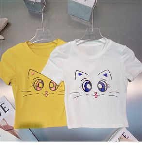 Nieuwe schattige zoete o-hals korte mouw cartoon print katoenen t-shirt sexy hoge taille crop top tees SML voor dames