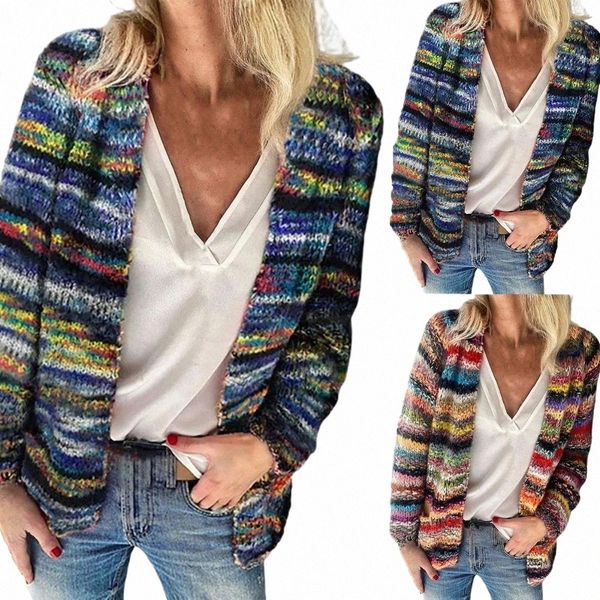 2021 Nuevas mujeres suéter Arco iris Rayas Temperamento Otoño Invierno LG Manga Punto Cardigan Abrigo para Oficina A3QU #