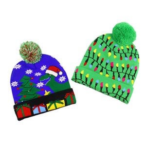 2021 Newarrival Navidad Muñeco de nieve Elk Árbol de Navidad Gorros de punto con bridas Sombrero con bolas y luces LED de colores Sombreros decorativos 9301