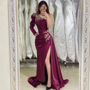 2021 Nieuwste Prom Jurken Afrikaanse Saoedi-Arabië Lange Mouwen Dames Formele Jurk Mermaid High Split Celebrity Robe de Soiree Avondslijtage