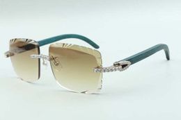 2021 Lentes de corte Gafas de sol con diamantes sin fin 3524020, gafas con patillas de madera verde azulado, tamaño: 58-18-135 mm