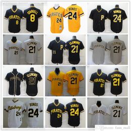 2021 Noticias Béisbol 21 Roberto Clemente Jerseys cosidos 8 Willie Stargell Retro Azul Amarillo 24 Barry Bonds Jersey Gris Camino Blanco Hogar Negro Alternativo