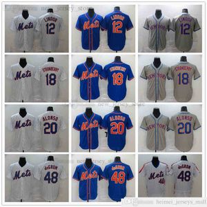 2021 News Baseball Jerseys cousu 12 Francisco Lindor 48 Jacob Degrom 20 Pete Alonso 18 Darryl Strawberry Grey Road White Home Royal