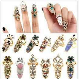 2021 Novelty Bowknot Nail Ring Charm Crown Bloem Crystal Finger Nail Ringen voor Dames Lady Rhinestone Fingernail Beschermende Mode-sieraden