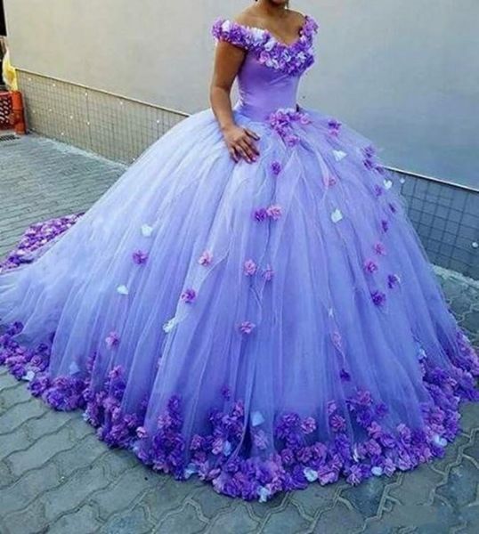 2021 fuera del hombro vestidos de quinceañera 3D flores rosas vestido de bola hinchado naranja tul corte tren dulce 16 cumpleaños fiesta niñas vestidos de novia