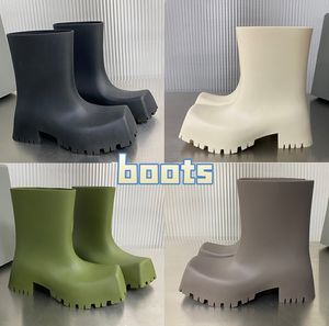 Fashione Square Toes Paris Blcg High Tall Boots Chaussures Trooper Botte en caoutchouc Bottes de pluie Noir Beige Olive Gris Luxe Hommes Femmes Plate-forme imperméable Rainshoes Bottines