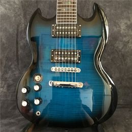 2021 ok guitare électrique pour gaucher personnalisée, dessus en érable flammé, touche incrustée de coque de couleur, bleu 7 cordes