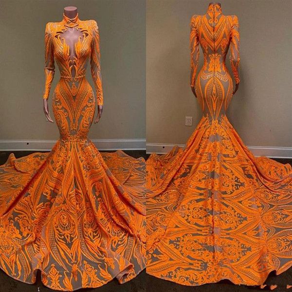 2021 Vestidos de fiesta de sirena naranja Mangas largas Cuello en V profundo Lentejuelas sexy Chicas negras africanas Vestido de noche de cola de pez Tallas grandes 272p