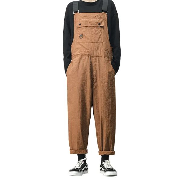 Salopette à bretelles pour hommes, combinaison à grande poche, ample, droite, couleur unie, pantalon Cargo décontracté, vêtements de travail, marron et noir, 2021