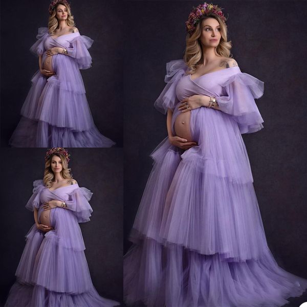 2021 paisible Lavande À Volants Grande Taille Enceinte Vêtements De Nuit Pour Femmes Robe Col En V Chemises De Nuit Pour Photoshoot Lingerie Peignoir Vêtements De Nuit Baby Shower