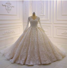 2021 Perlen Ballkleid Brautkleider V-Ausschnitt Langarm Perlen Spitze Applikationen Brautkleider Plus Size Hochzeitskleid Robes de Mari￩e