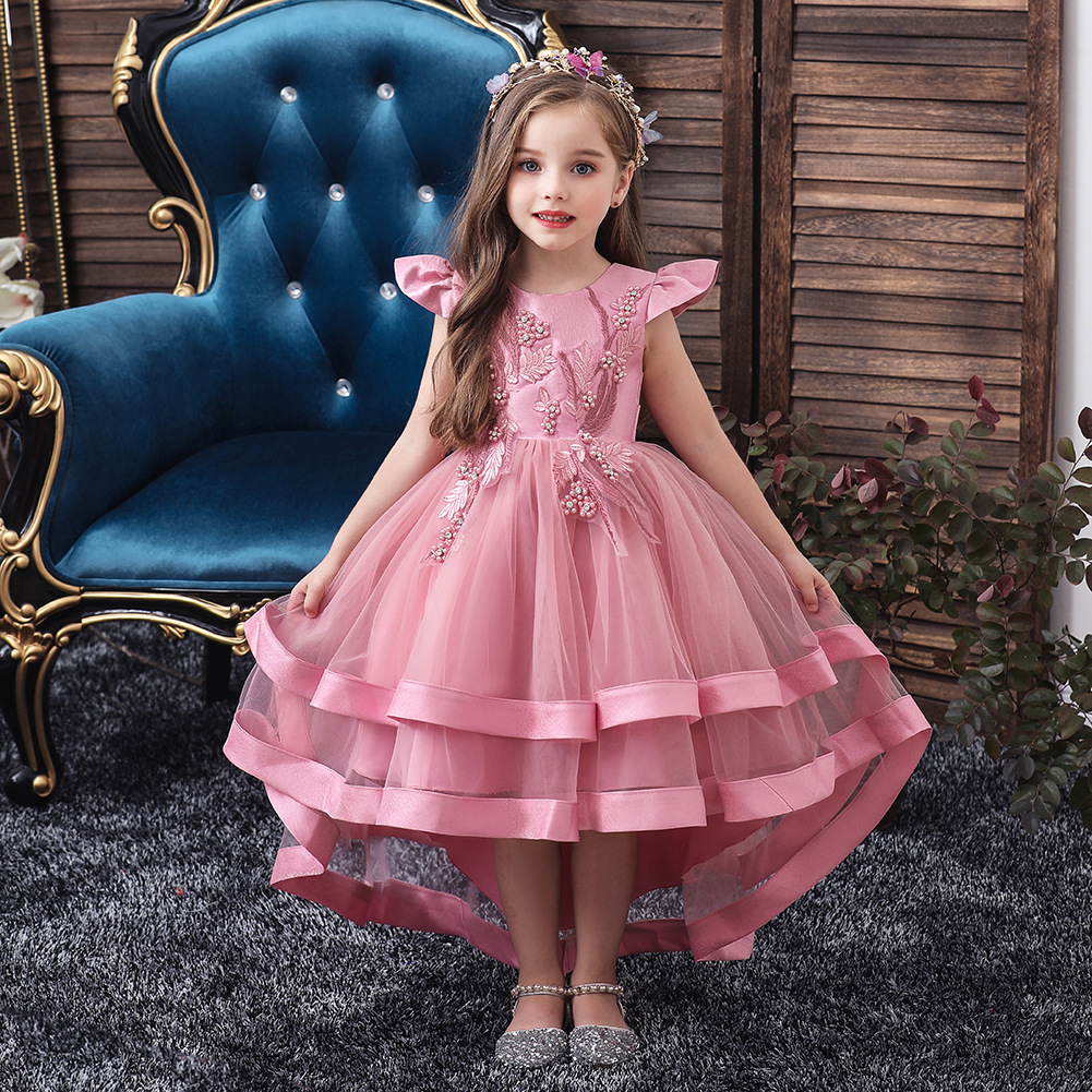 2021 Perły Kwiat Girl Dresses Appliqued Zroszony Hi-Lo Wielopięciowe Tulle Bez Rękawów Suknie Pagewne Ruched Satin Seans Birthday Suknia