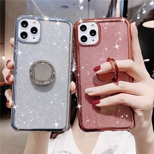 2021 Telefoonhaken met Diamond Ring Kickstand voor iPhone 13 12 Mini 11 PRO MAX XR X XS 7 8 6S Plus Luxe Glitter Cellphone Case