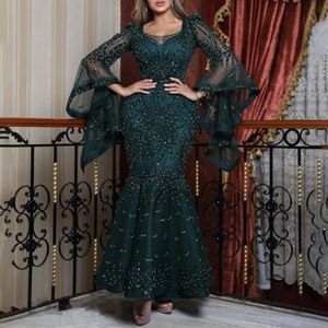 2021 Roze ASO EBI Arabisch Luxe Kant Kralen Prom Jurken Mermaid Lange Mouwen Avondjurken Goedkope Formele Partij Tweede Recepties