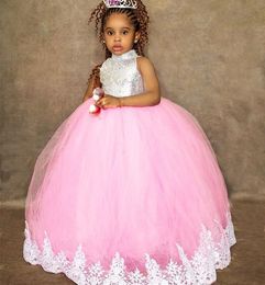 2021 Roze kanten bloemmeisjes jurken bemanning vintage baljurk tule lilttle kinderen verjaardagswedstrijd huwelijken jurken