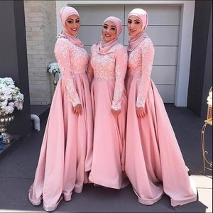 2021 robes de demoiselle d'honneur musulmanes roses à manches longues en dentelle appliques longueur de plancher sur mesure demoiselle d'honneur robe formelle robe de soirée de bal vestido