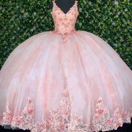 2021 Robes de quinceanera rose appliquée en dentelle florale à main fleurs Spaghetti Bouche à lacets robe de bal douce 16 robe bal longue vestiaire 2460