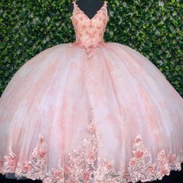 2021 Robes de quinceanera rose appliquée en dentelle florale à main fleurs Spaghetti Bouche à lacets robe de bal douce 16 robe bal longue vestiaire 236u