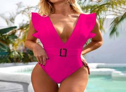 2021 Rose Sexy col en V profond à volants femme Monokini une pièce maillot de bain femmes maillots de bain taille ceinture maillot de bain maillot de bain body2437449