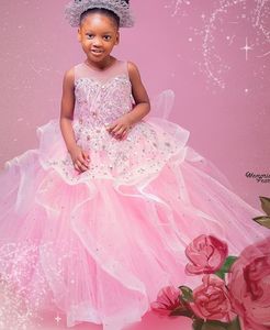 2021 Roze Sheer Hals Bloem Meisje Jurken Kant Kristallen Beaded Baljurk Tulle Lilttle Kids Birthday Pageant Weddding Jurken ZJ0465