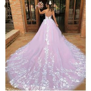 2021 Roze Trouwjurk Ivory Kant Floral Applique Scoop Hollow Back Bridal Dress for Bride Long Train Formal Party Ball Town Long