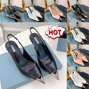 Luxe Jurk Schoenen Vrouwen Slingback Pump sandalen Hoge Hakken 75mm Logo Puntige Tenen Geborsteld Leer pumps Mode Dames Designer Wedding Party sandaal met doos