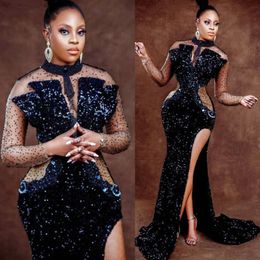 2021 Tamaño grande Árabe ASO EBI Mermaid negro Sexy Prom Dresses Boaded High Sequined Evening Faith Faith Fiest Gowns Dr 280y