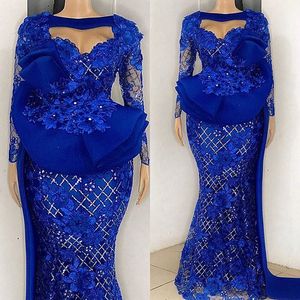 2021 Plus La Taille Arabe Aso Ebi Bleu Sirène De Luxe Robes De Bal En Dentelle À Manches Longues Soirée Formelle Partie Deuxième Réception Robes Robe ZJ465