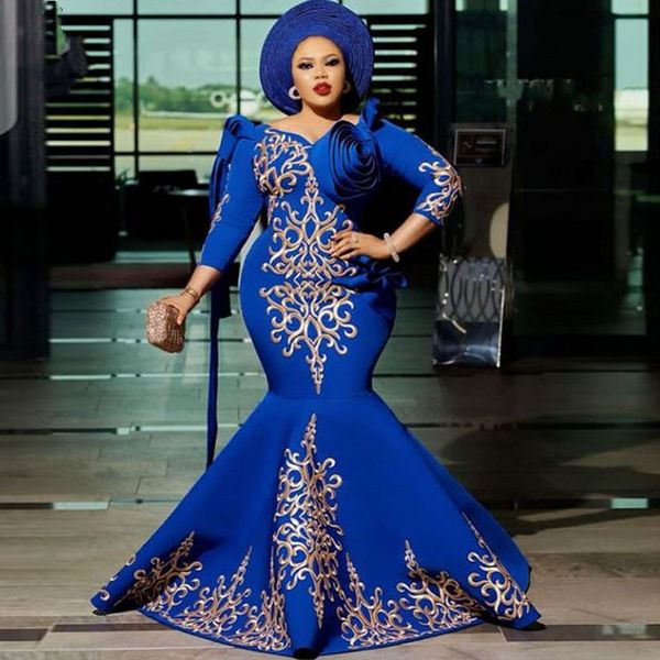 2021 Plus la taille arabe Aso Ebi bleu sirène sexy robes de bal dentelle vintage satin soirée formelle fête deuxième réception robes robe ZJ033