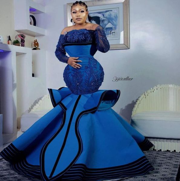 2021 Tallas grandes Árabe Aso Ebi Sirena azul Vestidos de fiesta con estilo Encaje Con cuentas Mangas largas Noche Fiesta formal Segunda recepción Gow3355332