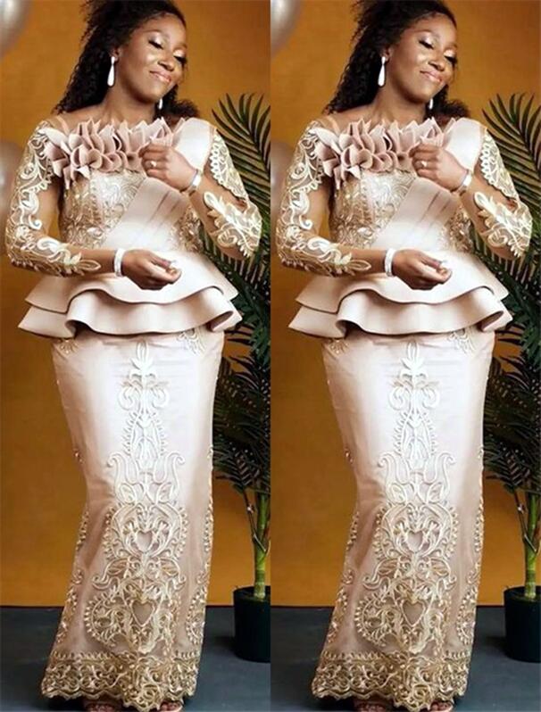 2021 Plus Size Arabisch ASO EBI Champagne Kant Sexy Moeder van Bruid Jurken Lange Mouwen Schede Vintage Prom Avond Formele Partyjurken Jurk ZJ355