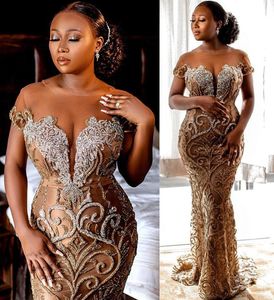 Plus size Arabisch Aso Ebi Gold Luxueuze Mermaid Prom Dresses Sheer Neck kralen Lace Evening Formele feest tweede receptie jurken jurk zj236