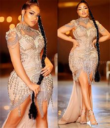 Plus size Arabische aso ebi luxueuze kristallen kristallen prom -jurken kanten pure nekavond formeel feest tweede receptie jurken jurk zj302