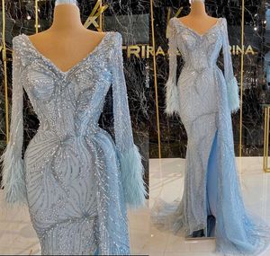 Plus size Arabische aso ebi luxueuze kristallen kristallen prom-jurken mermaid diep v-neck sexy avond formeel feest tweede receptie jurken zj215