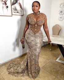 Plus size Arabische aso ebi luxueuze kant sexy prom jurken kristallen kristallen pure nekavond formeel feest tweede receptie jurken jurk zj327