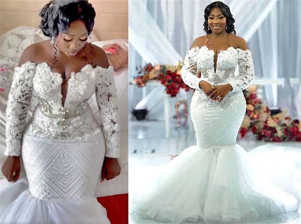 2021 grande taille arabe Aso Ebi luxueux sirène dentelle robes de mariée cristaux manches longues Vintage robes de mariée ZJ264