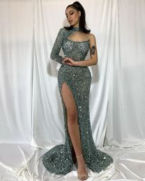 2021 Plus Size Arabisch ASO EBI Luxe Sparkly Mermaid Prom Dresses Lovertjes Hoge Split Evening Formele Partij Tweede Receptie Groeden ZJ466