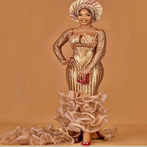 2021 Plus Size Arabisch Aso Ebi Mermaid Gold Sparkly Prom Dresses Long Sleeves Legined Evening Formele feest tweede receptie jurken jurk 2704