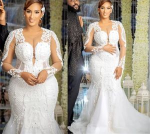 2022 grande taille arabe Aso Ebi sirène dentelle perlée robes de mariée manches longues Sexy Vintage Tulle robes de mariée wly935