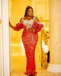 2021 Plus size Arabisch Aso Ebi Red Mermaid Luxe prom jurken Lace kralen lovertjes Evening Formele feest tweede receptie jurken jurk zj550